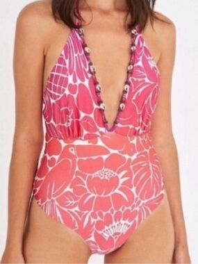 Farm Rio ombré Pink Floral One-Piece Swimsuit with Shell Accent beaded tassels